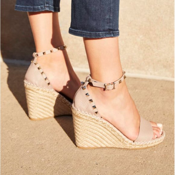 Valentino Garavani Shoes - Valentino Rockstud Espadrille Wedge Sandal in Poudre